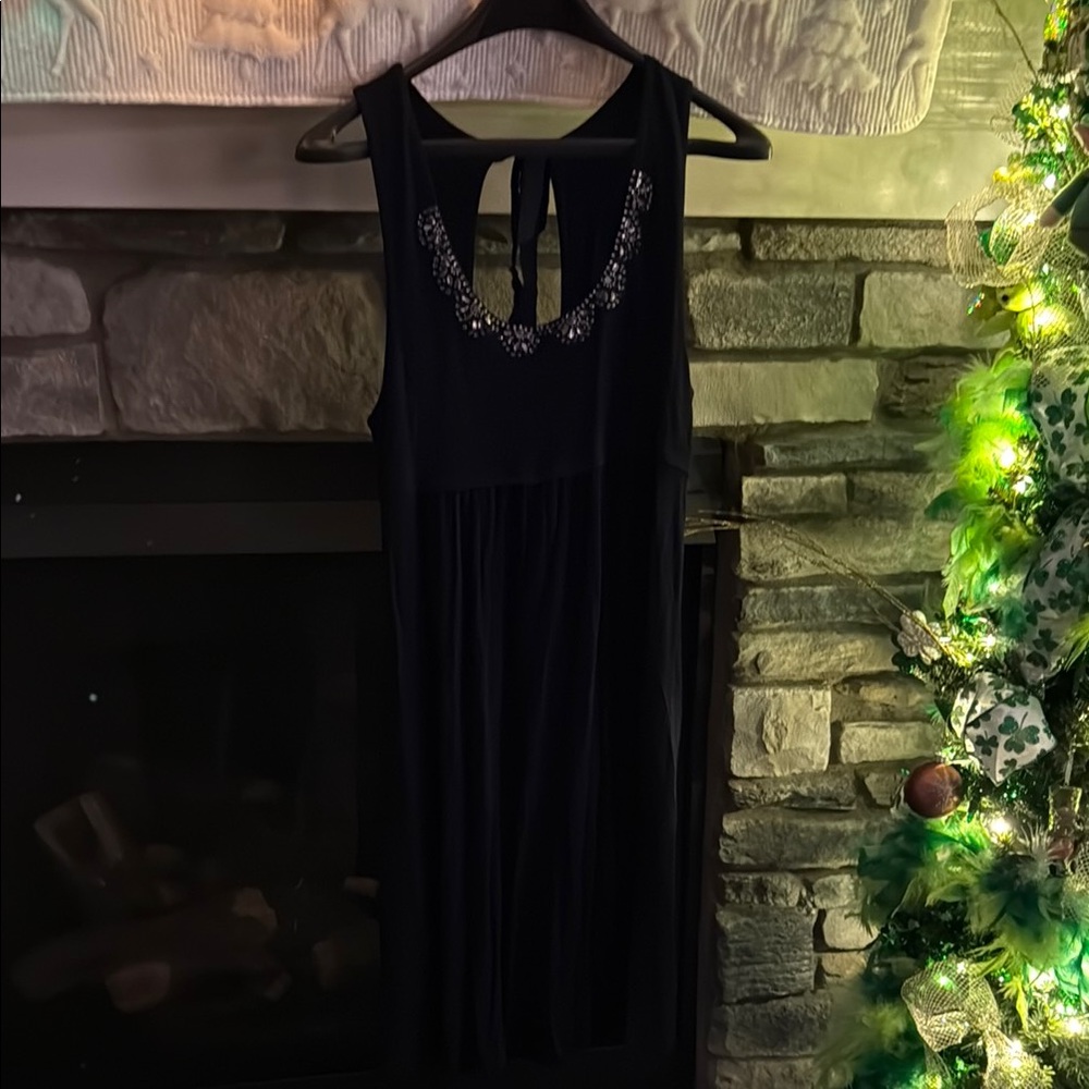 LOFT Elegant Dark Navy Blue Sleeveless Dress with Embellished Neckline